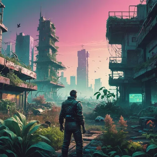 Prompt: the foreground shows a close up of a humble man tending a small garden. the background shows a ruined, post apocalyptic city that has become overrun by trees and other overgrown plant life. Birds fly in the distance. shiny cyberpunk colors, retrofuturism, 1980s sci-fi, game cover art, character, 4k