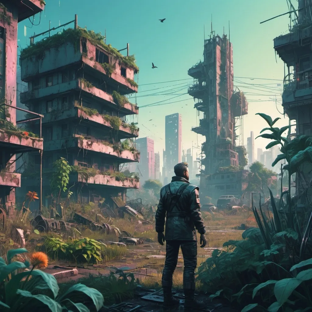 Prompt: the foreground shows a close up of a humble man tending a small garden. the background shows a ruined, post apocalyptic city that has become overrun by trees and other overgrown plant life. Birds fly in the distance. shiny cyberpunk colors, retrofuturism, 1980s sci-fi, game cover art, character, 4k