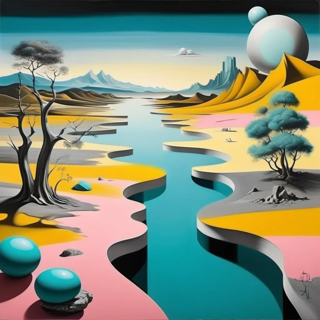 Prompt: Please create a landscape image  with an dali and picaso modern  style, incorporating soothing colors like turquoise, yellow, grey, pink and other colors, with hidden meaning that life is beautiful. Add a lots of details and sub meanings so it can be interpreted in several ways. make it abstract