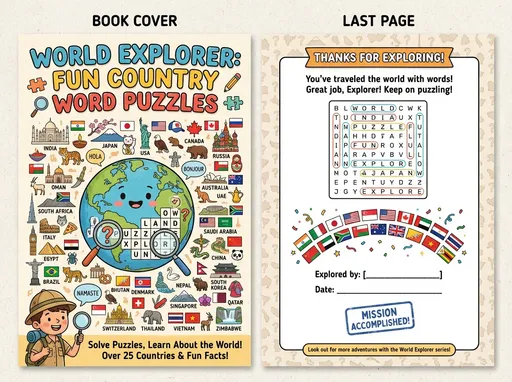 Prompt: World Explorer: Fun Country Word Puzzles - TITLE 
*"Create a vibrant, colorful, and kid-friendly book cover (5 to 7 inches, HD quality) titled 
. The cover should be playful, engaging, and visually represent a word puzzle theme that includes all the following countries: India, Japan, USA, Canada, Russia, Oman, Australia, UAE, South Africa, Saudi Arabia, Italy, UK, Egypt, Malaysia, China, Brazil, Germany, Bhutan, Denmark, North Korea, South Korea, Nepal, Qatar, Singapore, Switzerland, Thailand, Vietnam, Zimbabwe. Include symbols or icons representing each country:

National flags

Famous cities or monuments

National animals

Flora and fauna

Traditional cultural elements

Languages hints

Make it multicolor, fun, and educational, with bold letters for the title, subtle word-puzzle elements in the background, and a layout that attracts children. The design should be unique, cheerful, and highly attractive."* MAKE ONE COVER PAGE AND ONE LAST PAGE FOR BOOK
