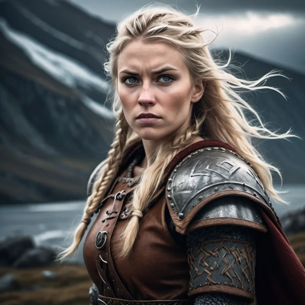 Prompt: viking woman blonde and dark eye