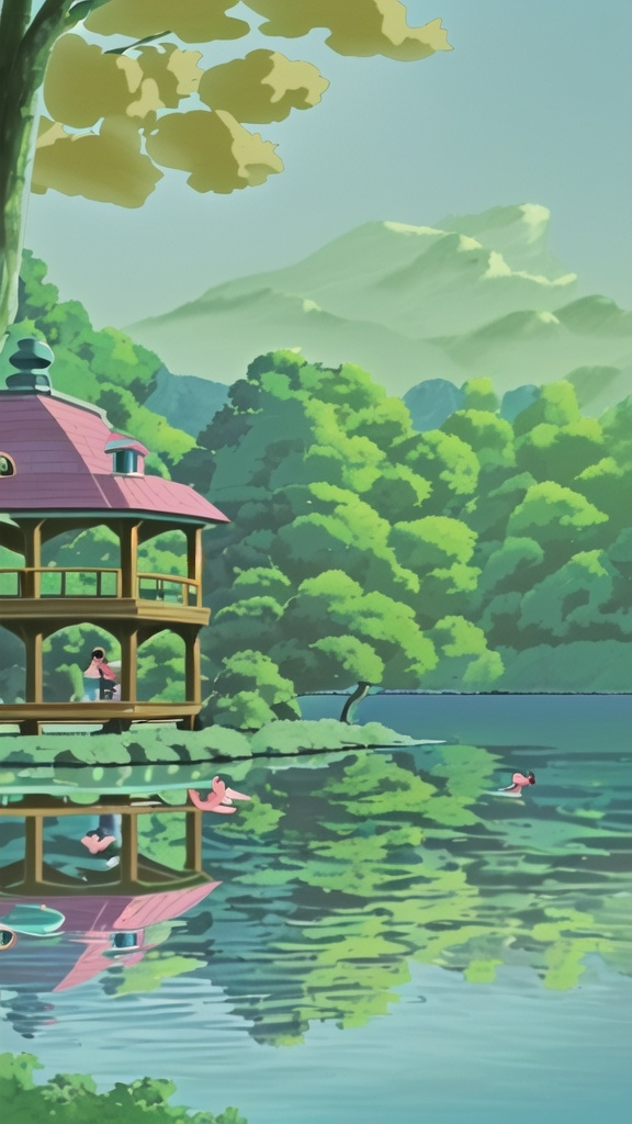 Prompt: A quaint café by a serene lake at dawn. The water reflects the soft pink and orange hues of the sunrise. A few patrons are seated outside, enjoying coffee as ducks swim lazily on the lake. The trees surrounding the café are lush and green, with a gentle breeze rustling the leaves.