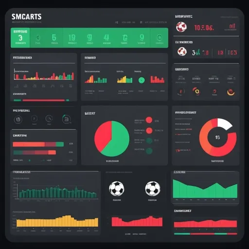 Prompt: Create an image resembling a digital sports analytics dashboard, featuring graphs, charts, and numerical results for a football (soccer) match. The dashboard should display metrics such as goals scored, possession percentages, shots on target, and passing accuracy. Use a modern, sleek design with bold colors and clear visualizations to highlight the key statistics, providing a comprehensive overview of the game's dynamics and performance metrics