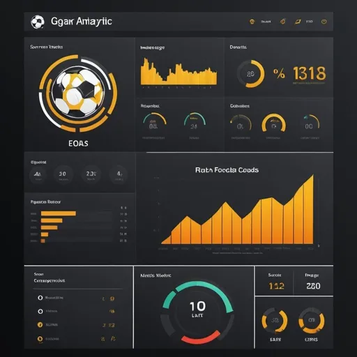 Prompt: Create an image resembling a digital sports analytics dashboard, featuring graphs, charts, and numerical results for a football (soccer) match. The dashboard should display metrics such as goals scored, possession percentages, shots on target, and passing accuracy. Use a modern, sleek design with bold colors and clear visualizations to highlight the key statistics, providing a comprehensive overview of the game's dynamics and performance metrics