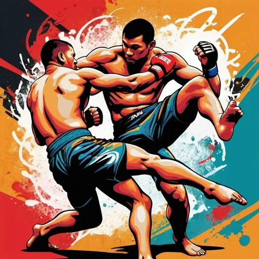 Prompt: Create a vibrant, colorful digital illustration that captures the essence of Mixed Martial Arts (MMA). The artwork should feature dynamic and intense fighting poses, showcasing various techniques like striking, grappling, and kicking. Use a bold and energetic color palette with swirling, abstract patterns in the background, similar to the style of modern pop art. The image should convey the power, intensity, and excitement of MMA, highlighting the athleticism and fierce competition of the sport