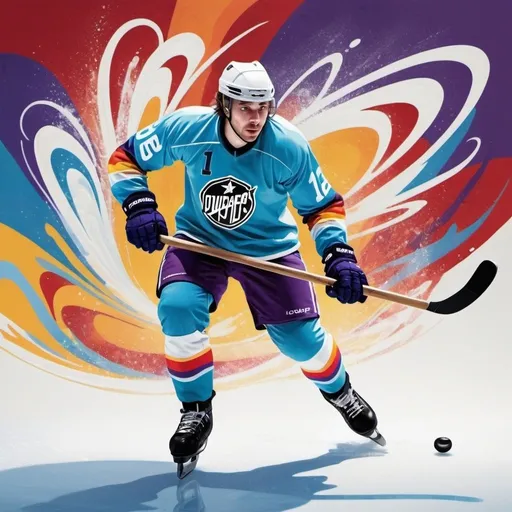 Prompt: Imagine a dynamic, psychedelic illustration of a white ice hockey player in action. The player is depicted in a classic ice hockey uniform, skating aggressively with a hockey stick and puck. The background swirls with vibrant, colorful patterns in shades of icy blue, deep purple, fiery red, and electric yellow, creating an atmosphere full of energy and movement. The player's uniform is detailed with sharp contrasts and shadows, emphasizing the intensity of the game. The overall composition captures the speed and excitement of ice hockey, with abstract patterns enhancing the dynamic feel of the artwork