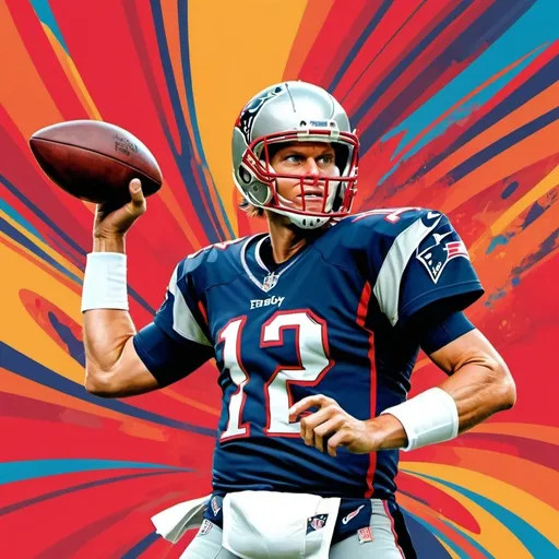 Prompt: Create a vibrant, colorful digital illustration of Tom Brady, one of the greatest NFL quarterbacks. The artwork should feature Tom Brady in action, wearing his Tampa Bay Buccaneers uniform. Use a dynamic and energetic color palette with swirling patterns in the background, similar to the style of modern pop art. The image should capture the intensity and excitement of the game, highlighting Brady's athleticism and determination