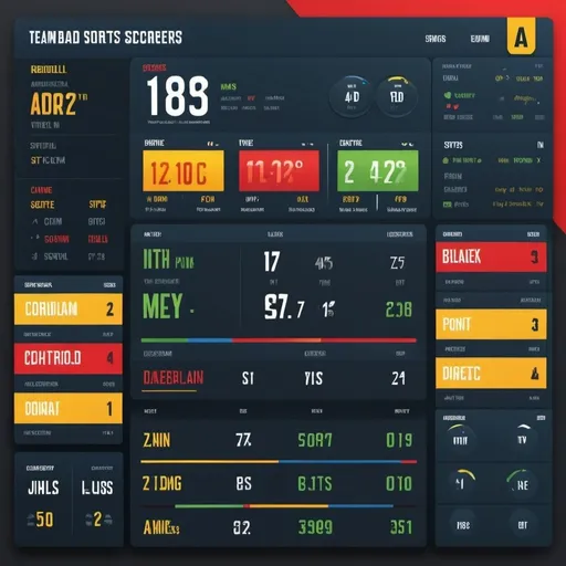 Prompt: Create a dynamic and visually engaging illustration of a sports scores dashboard. The dashboard should display live scores from various sports, including football, basketball, soccer, and baseball, with each sport section clearly labeled. The layout should be sleek and modern, resembling a high-tech digital interface with widgets and panels for each sport. The background should incorporate energetic patterns and bright colors like blue, red, green, and yellow to reflect the excitement of live sports. Include elements like team logos, player stats, and mini game summaries to add depth to the dashboard. Surround the main dashboard with subtle hints of cheering fans and sports equipment to enhance the lively atmosphere. The overall composition should capture the thrill of tracking multiple sports scores in real-time, with a focus on clarity, accessibility, and visual appeal