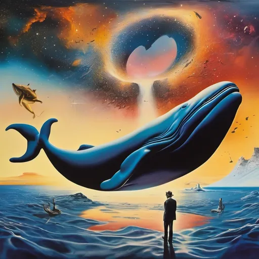 Prompt: Salvador Dalí style vision, surrealist, dreamlike, precise, melting. With a theme of galaxy cosmic whale in the background and a silhouette of a man returning back. A sunrise. 