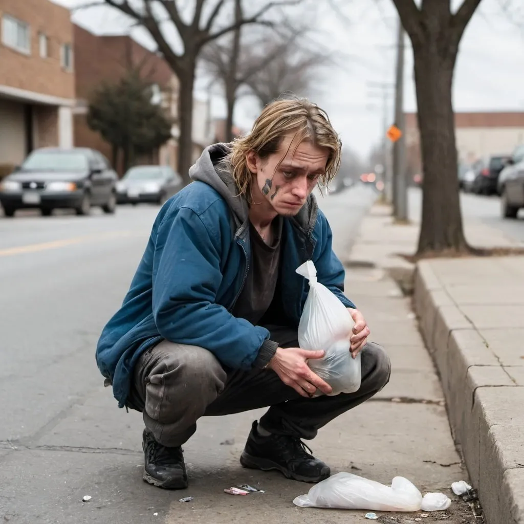 Prompt: A heroin addict squatting in the street picking up trash.