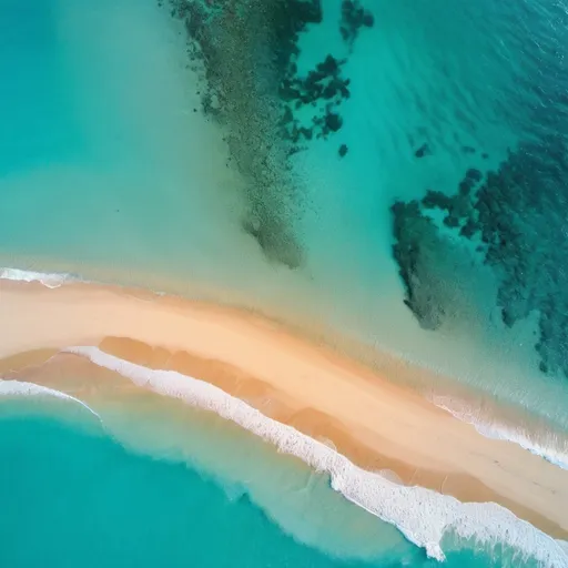 Prompt: Vivid, over-saturated drone photo of a golden coral beach, turquoise and teal sea, vibrant colors, aerial perspective, dreamlike atmosphere, high quality, photorealism, over-saturated, drone photo, vivid colors, high saturation beach landscape, dreamlike atmosphere, aerial view