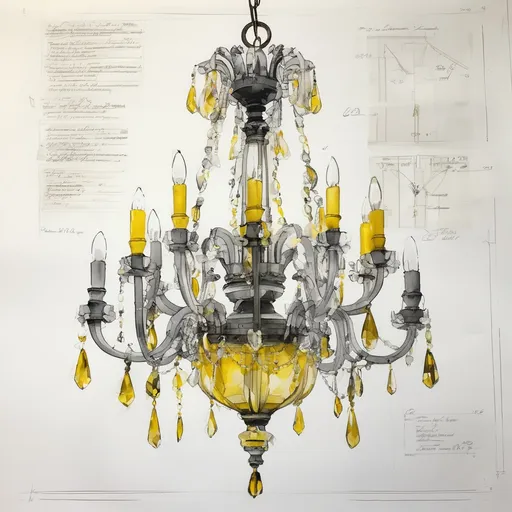 Prompt: Technical drawing of a crystal chandelier with measurements and details in shades of gray and yellow, ink and wash  on paper,