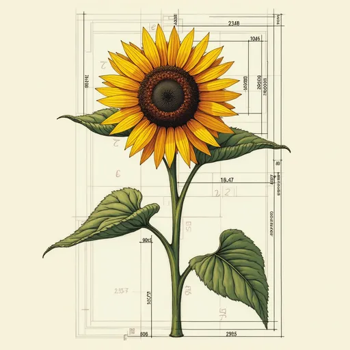 Prompt: A technical drawing of a sunflower with measurements and details