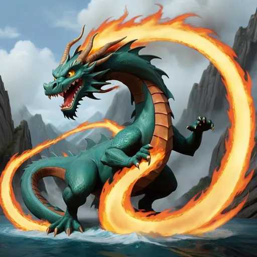 Prompt: make a picture of a dragon that can use fire bending water bending earth bending and air bending
