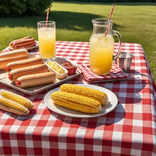 Prompt: rectangle shaped wood table outdoors  with a red and white checkered table cloth on it a plate of corn on the cob with butter melting on it  a tray of hot dogs and buns and a glass picture of lemonade capturing the sunlight 


