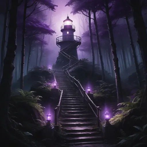 Prompt: a dark and mysterious scene with a stairway leading to a light house in the middle of the forest with purple lights, Fan Qi, fantasy art, league of legends concept art, concept art