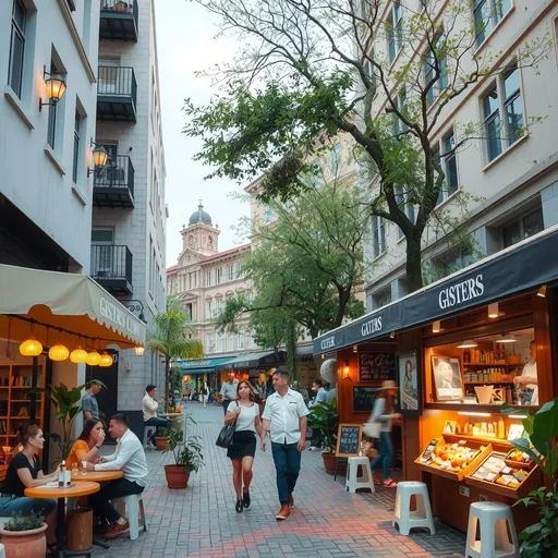 Prompt: 서울, 이태원, 세계여행 데이트코스, (vibrant street life), (romantic atmosphere), lush greenery, quaint cafes, cozy bistros, animated couples, (colorful market stalls), stylish their enjoying unique dishes and local crafts, (cultural diversity), scenic backdrop of modern and historic architecture, warm evening glow, inviting ambiance, high detail, 4K quality, ultra-detailed.