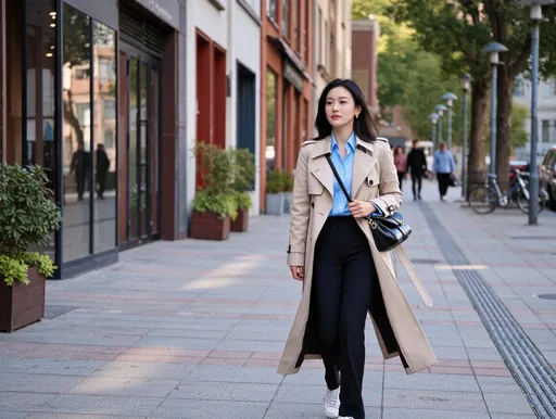 Prompt: Tall young woman walking down the high street, detailed clothing, realistic, natural lighting