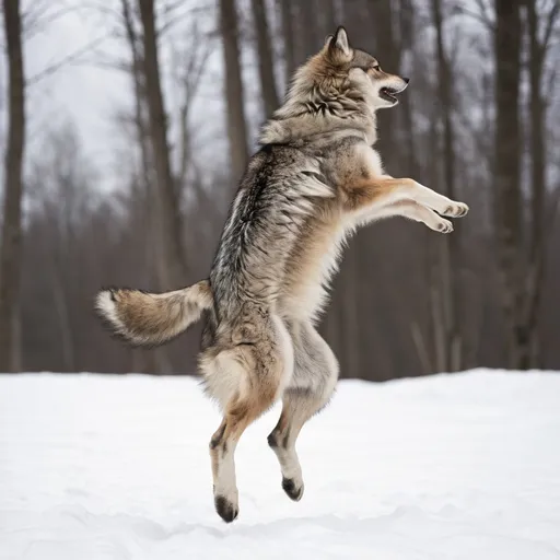 Prompt: Wolf jumping into the air wearing a thick fur coat back angle