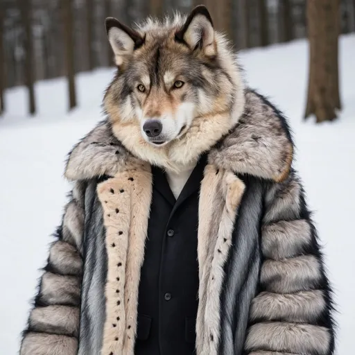 Prompt: Wolf wearing a big fur coat