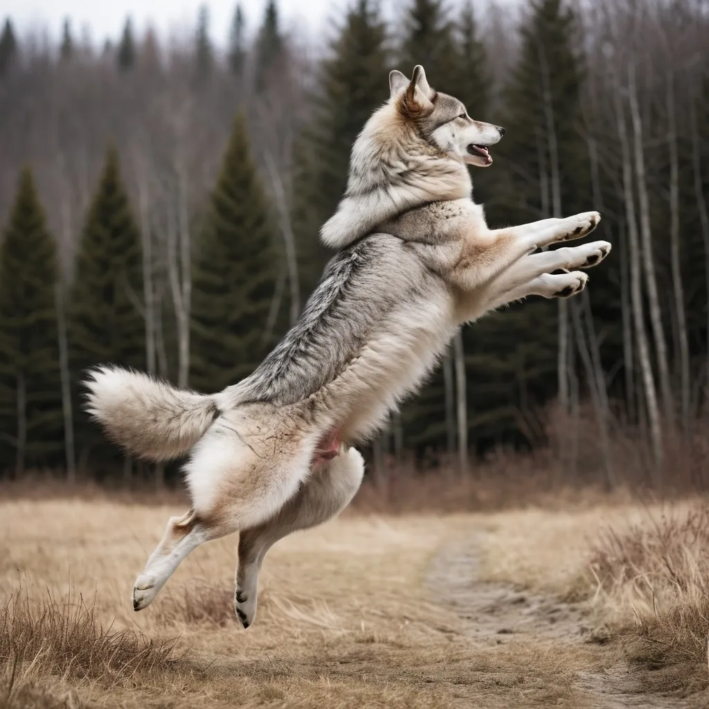 Prompt: Wolf jumping into the air wearing a thick fur coat back angle