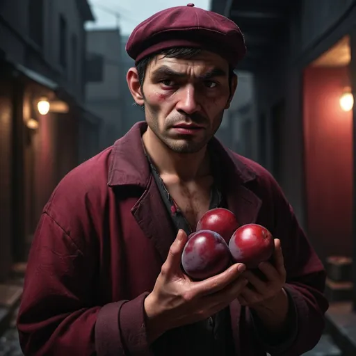 Prompt: A goon holding a red plum 