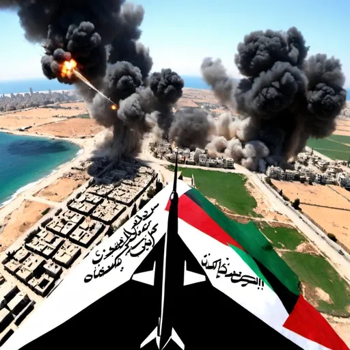 Prompt: A view of gaza bombed from the fighter jet's point of view and 3d written the word "PALESTINE IS FREE".