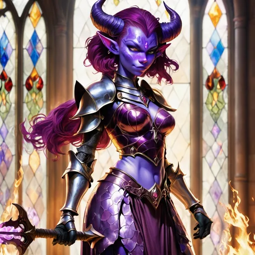 Prompt: Femail tiefling with purple skin stands in armor with the skirt, behind her stained glass. She holds fire sword. 