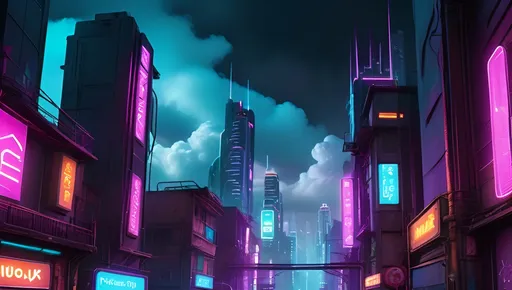 Prompt: Generate a high-resolution animated wallpaper of a neon-lit cityscape at night with moving clouds and gently flickering street lights, cyberpunk style. Include bright colors like electric blue, purple, and pink, with soft pulsing lights and subtle motion to create a futuristic atmosphere