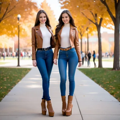 Prompt: Two 18-year-old cute shy petite long hair white Caucasian brunette girls  tan skintight leather jacket skintight high-waist blue jeans tucked into ultra high-heel  platform tan leather thigh boots stiletto heels ultra high-heels belt turtleneck entire body walking on school campus