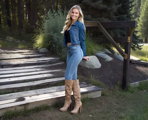 Prompt: 18-year-old shy innocent blonde girl denim jacket smiling shyly long hair black shirt skintight blue jeans tucked into thigh-high platform tan ultra-high-heel boots stiletto heels in pastoral scene