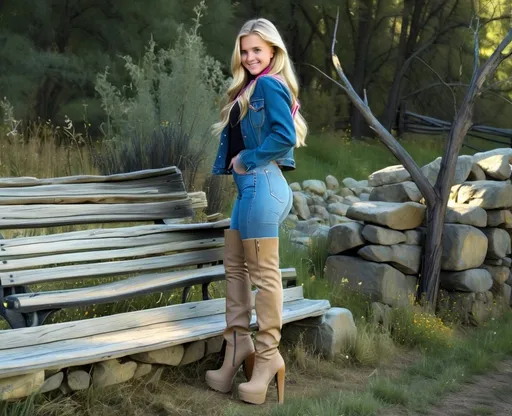 Prompt: 18-year-old shy innocent blonde girl denim jacket smiling shyly long hair black shirt skintight blue jeans tucked into thigh-high platform tan ultra-high-heel boots stiletto heels in pastoral scene