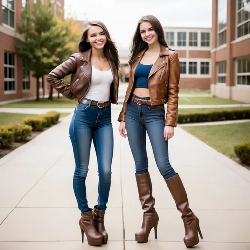 Prompt: Two smiling shy white petite Caucasian brunette thin 18-year-old girls brown leather jacket skintight high waist blue jeans belt tucked into platform  knee-high boots ultra high heels stiletto heels facing each other school campus whole body