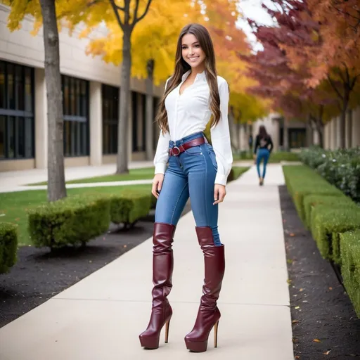 Prompt: Three 18-year-old cute shy petite long hair white Caucasian brunette smiling girls natural-looking skintight designer jeans tucked in to ultra high-heel  platform burgundy latex thigh boots stiletto heels ultra high-heels  entire body white blouse long sleeves belt walking away looking over shoulder back at camera school campus