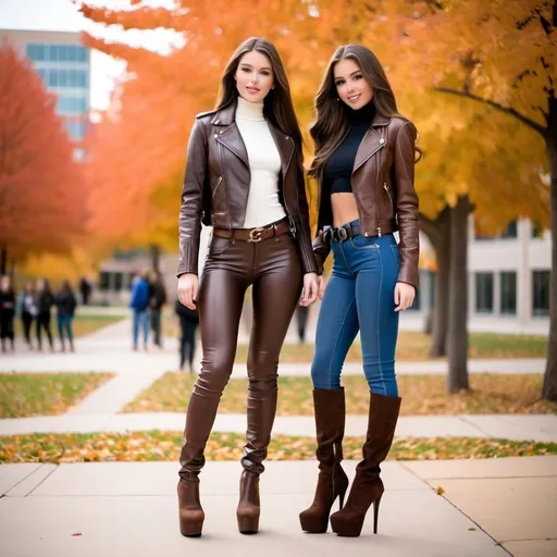 Prompt: Two 18-year-old cute shy petite long hair white Caucasian brunette girls  brown skintight leather jacket skintight high-waist leather jeans tucked into ultra high-heel  platform brown leather thigh boots stiletto heels ultra high-heels belt turtleneck entire body walking on school campus