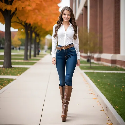 Prompt: Three 18-year-old cute shy petite long hair white Caucasian brunette smiling girls natural-looking skintight designer jeans tucked in to ultra high-heel  platform brown latex thigh boots stiletto heels ultra high-heels  entire body white blouse long sleeves belt walking across school campus