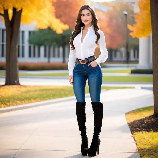 Prompt: Young white Caucasian brunette thin petite college girl closed vest long sleeve white blouse skintight blue jeans belt tucked into platform thigh boots ultra high heels posing on campus