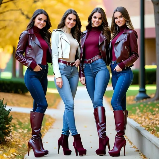 Prompt: Three 18-year-old cute shy petite long hair white Caucasian brunette smiling girls natural-looking burgundy leather jacket turtleneck skintight designer high-waist jeans ultra high-heel platform burgundy  latex thigh boots stiletto heels ultra high-heels entire body long sleeves belt  facing each other on school campus