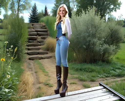 Prompt: 18-year-old blonde petite white Caucasian blonde girl shy innocent denim waistcoat long sleeves skintight jeans tucked into brown latex platform ultra-high-heel thigh boots stiletto heels 6-inch heels thin smiling shyly standing in pastoral country