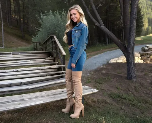 Prompt: 18-year-old shy innocent blonde girl denim jacket smiling shyly long hair black shirt skintight blue jeans tucked into thigh-high platform tan ultra-high-heel boots stiletto heels in pastoral scene