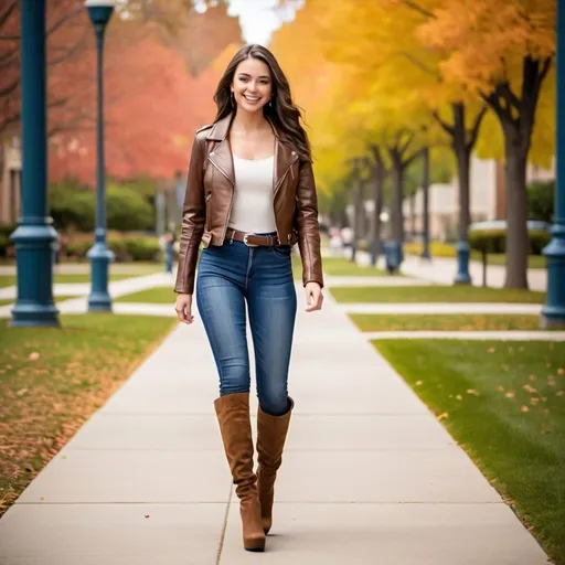 Prompt: Young smiling white Caucasian brunette thin 5-foot-2 college girl tight brown leather jacket skintight blue jeans belt tucked into platform thigh-high boots ultra high heels walking across campus whole body