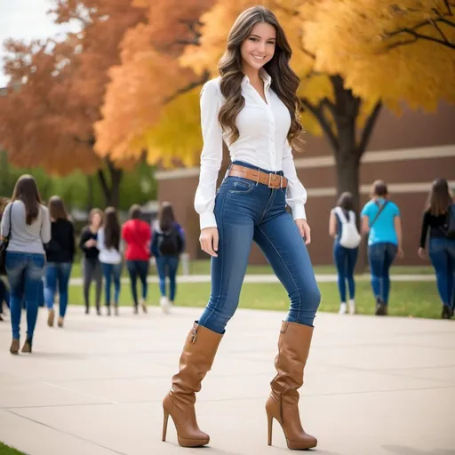 Prompt: Three 18-year-old cute shy petite long hair white Caucasian brunette smiling girls natural-looking skintight designer jeans tucked in to ultra high-heel  platform tan latex thigh boots stiletto heels ultra high-heels  entire body white blouse long sleeves belt walking across school campus