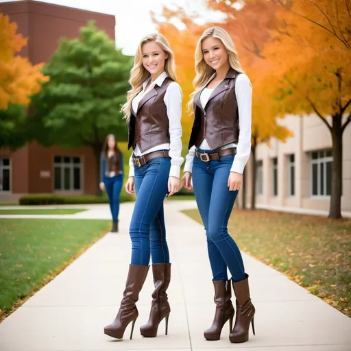 Prompt: Three 18-year-old cute shy petite long hair white Caucasian blonde smiling thin girls natural-looking skintight leather waistcoat skintight designer jeans tucked in to ultra high-heel  platform brown latex thigh boots stiletto heels ultra high-heels  entire body white blouse long sleeves belt facing each other school campus