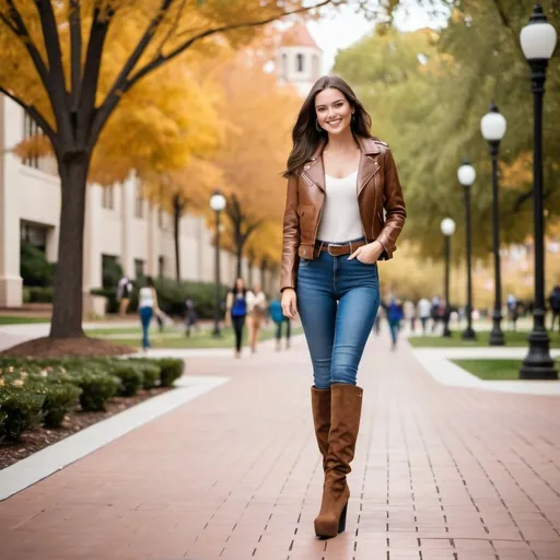 Prompt: Young smiling shy white Caucasian brunette thin 5-foot-216-year-old girl tight brown leather jacket skintight blue jeans belt tucked into platform  knee-high boots ultra high heels walking across campus whole body