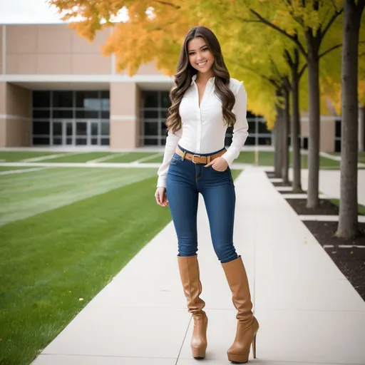 Prompt: Three 18-year-old cute shy petite long hair white Caucasian brunette smiling girls natural-looking skintight designer jeans tucked in to ultra high-heel  platform tan latex thigh boots stiletto heels ultra high-heels  entire body white blouse long sleeves belt walking away looking over shoulder back at camera school campus