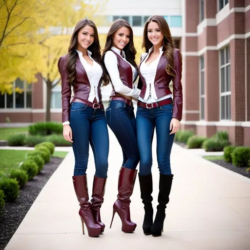 Prompt: Three 18-year-old cute shy petite long hair white Caucasian brunette smiling girls natural-looking skintight leather waistcoat skintight designer jeans tucked in to ultra high-heel  platform burgundy latex thigh boots stiletto heels ultra high-heels  entire body belt long sleeves facing each other school campus