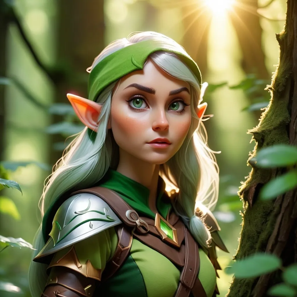 Prompt: Elf ranger in a mystical forest around sunlight