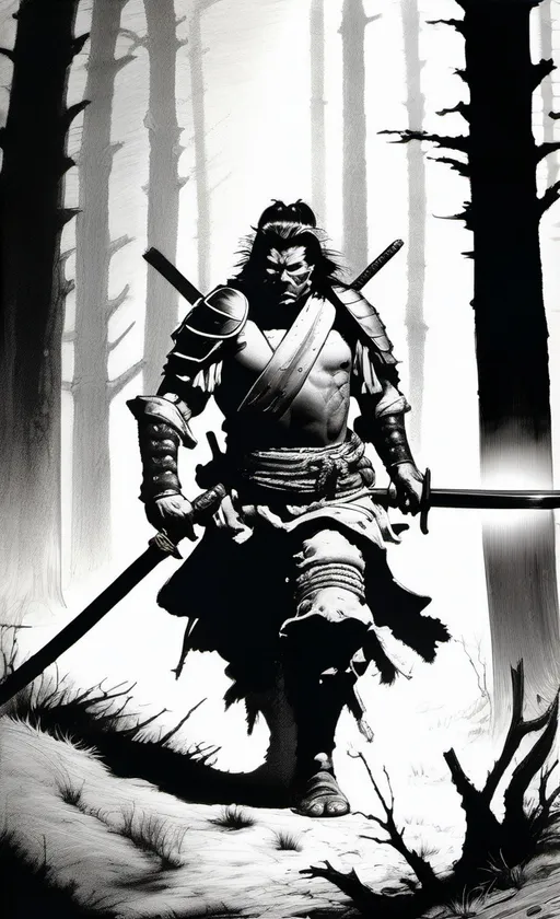 Prompt: B&W frazetta art, a samurai, dressed in black armor, holding a torch with a sword on his hip. He is stepping out of a thick fog. The scene is a dead forest. detailed, high quality