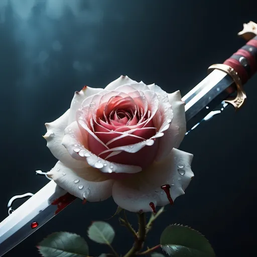 Prompt: crea la cover di un brano musicale che si chiama "Non sarà per sempre". Inserisci una rosa bianca, il sangue e una katana giapponese e usa colori freddi