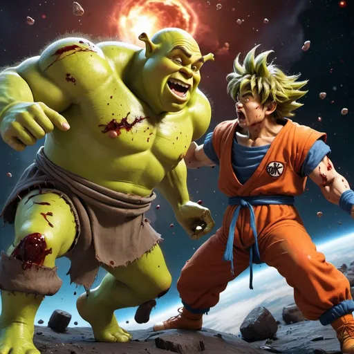 Prompt: Shrek and Goku engaging in a fierce battle in outer space, blood splattering everywhere, dynamic action poses, intense and dramatic lighting, high-quality 3D rendering, anime style, space setting, dramatic lighting, detailed character design, blood splatter, epic battle, intense action, dynamic poses, space environment, high-quality, 3D rendering, anime, dramatic lighting, intense colors